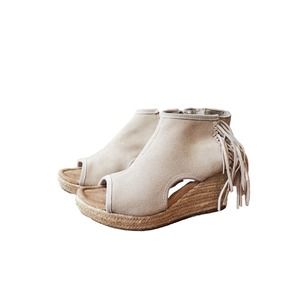 Minnetonka Blaire Jute Wedge Women's Sz 9 Sandals Beige Suede Fringe Zip 71330